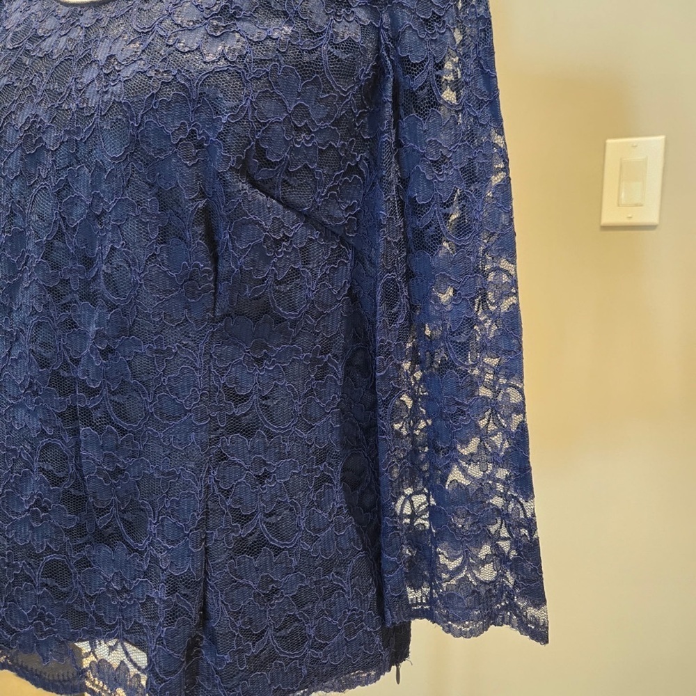 Navy Blue Lace Blazed and Matching Top with Flower Accent - Picture 6 of 8